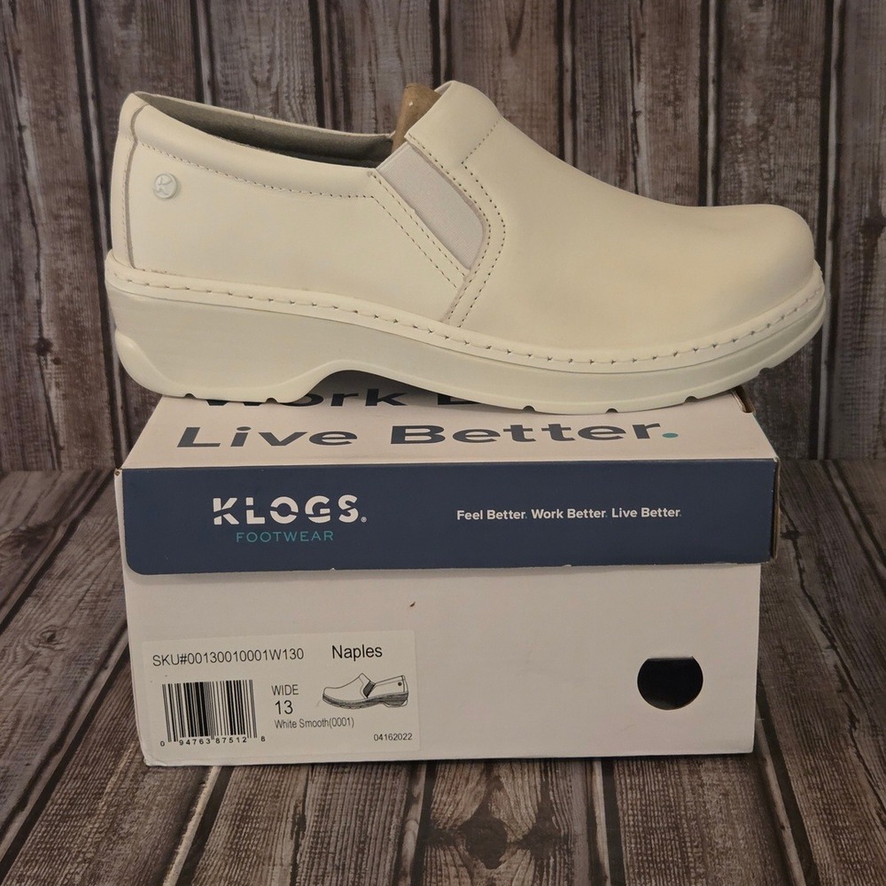 Sz 13 Wide Womens Klogs Naples White Leather Slip Resistant Comfort Clogs NIB